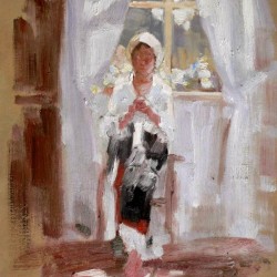 Peasant girl sewing at the window